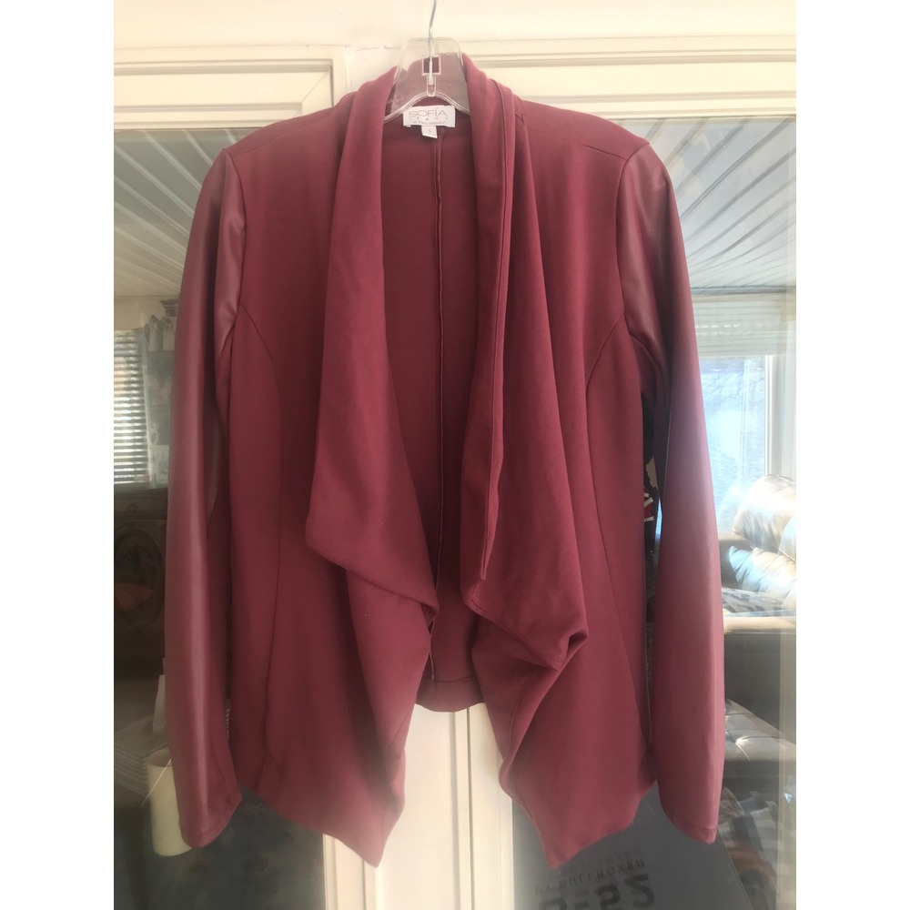 SOFIA VERGARA Burgundy Waterfall Cardigan Jacket Faux Leather‎ Sleeves S